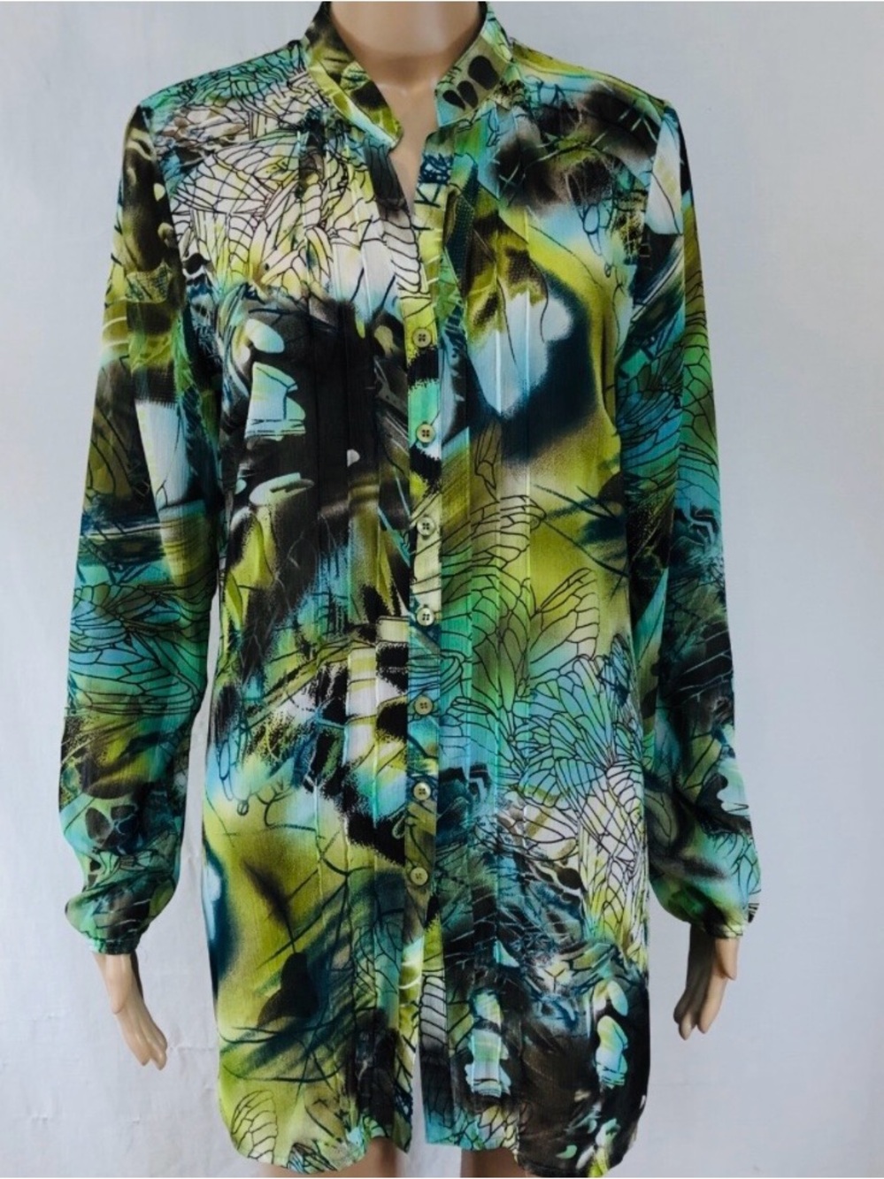 Abstract Green & Teal Button-Front Tunic Blouse